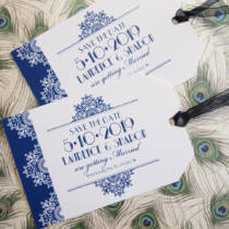 Swing tag save the date tag cards in a blue Art Deco design