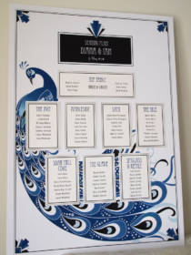 A seating plan in blue designed to match the Art Nouveau wedding invitations
