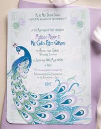 Art Nouveau wedding invitations with a peacock design