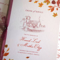 An order of service for an Autumn wedding with an illustration of the church venue