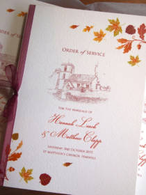 An order of service for an Autumn wedding with an illustration of the church venue