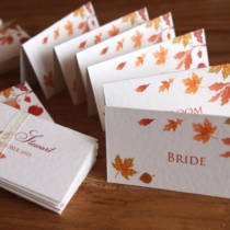 A group of Autumn wedding place name tent cards