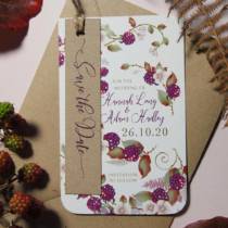 An autumn wedding invitation with a blackberry illustration and a rustic save the date tag