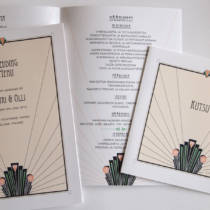 Bilingual wedding invitations for a wedding in Finland with Finnish text, with menu in Art Deco style