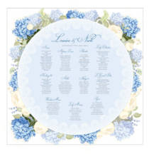 A square seating plan with a circle of hydrangea flowers
