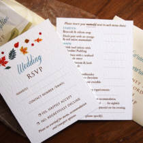 falling leaves wedding reply card with menu choices on the reverse