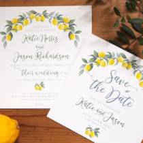 An invitation and save the date in a design of lemons and leaves for a wedding abroad