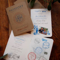 A passport style wedding invitation booklet with travel graphics