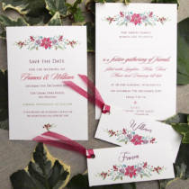 Winter wedding stationery set with a red and green poinsettia design