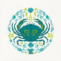 Contemporary greetings card with a green crab design
