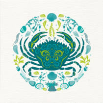 Contemporary greetings card with a green crab design